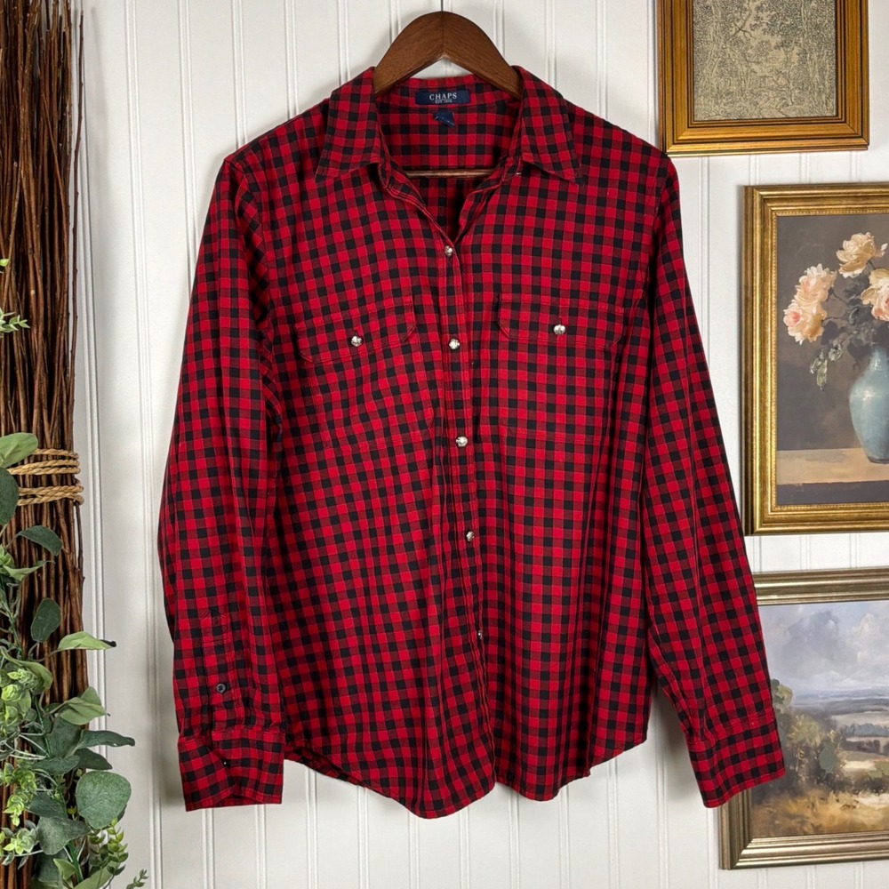 Chaps Button Down Women L Red Excellent Buffalo Plaid Long Sleeve Cotton